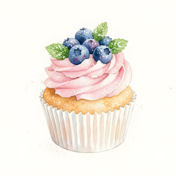 Watercolor cupcake with pink frosting and blueberries