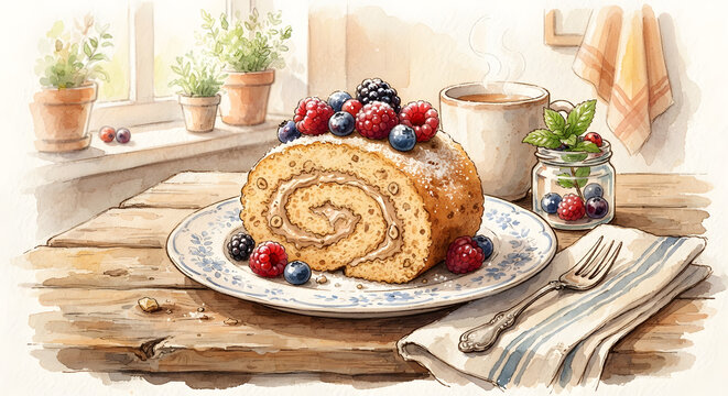 Swiss roll cake with fresh berries and cream on a vintage plate