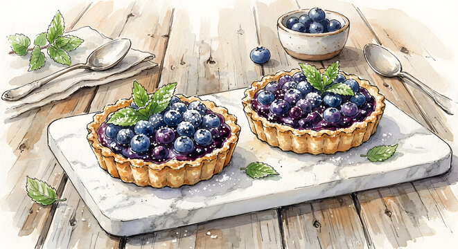 Two fresh blueberry tarts with mint on a marble board