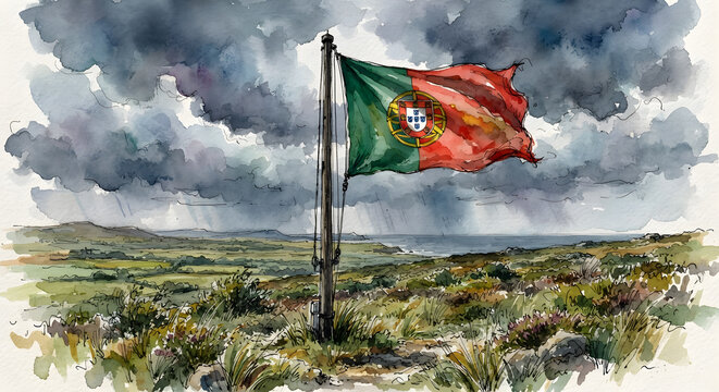 Portuguese flag flying on a windy coastal hill under stormy skies