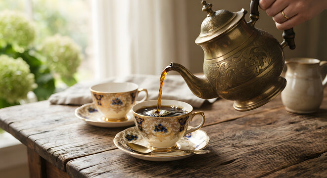 Vintage brass teapot pouring tea into a fine porcelain cup on a wooden table