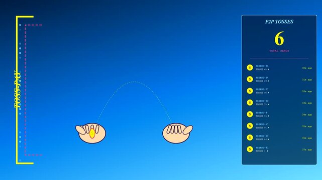 Digital gesture banking concept featuring animated coins tossing between two illustrated hands on a vibrant blue gradient screen with lists showing various financial transaction logs displayed