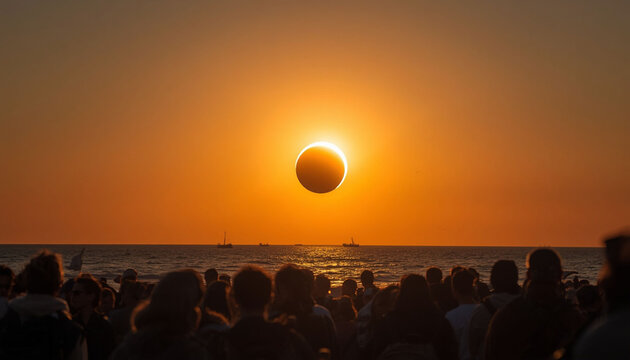 crowd of people watching solar eclipse over the ocean beach at sunset
