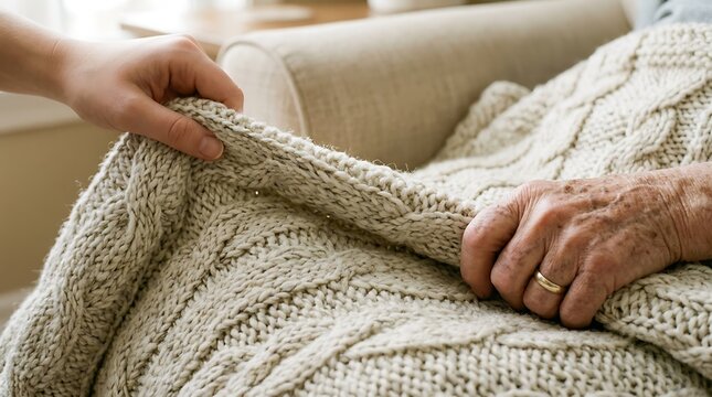 A caregiver tucks a cozy knitted blanket around the hands of an elderly person sitting with caregiver gently adjusts adjusts textured wool person resting couch