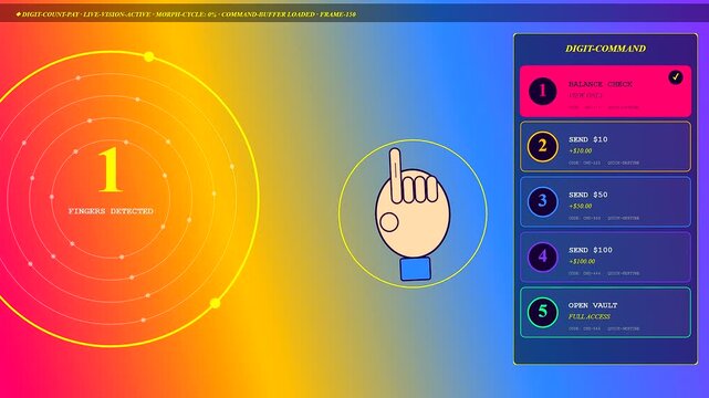 Innovative gesture banking interface displays user interactions with digital hand icons and circular target grids within a multi color gradient environment during smooth sequence transitions