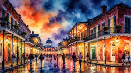 Naklejka premium New Orleans watercolor street scene at night. Historic buildings with balconies, colorful lights, wet street reflections. People walk along urban path, enjoying evening.