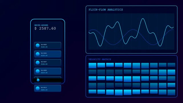 A digital interface showcasing gesture banking in motion featuring floating financial ledgers with glowing neon blue line charts and squared grid matrices for data analysis