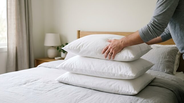 A man arranging a stack of soft white pillows on a bed in a bedroom with bright bedroom interior places stack clean furniture lifestyle domestic