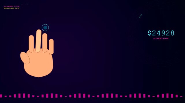 A digital gesture banking interface displays currency fluctuations while an animated human hand interacts with virtual touch points in this dark blue neon lighting environment