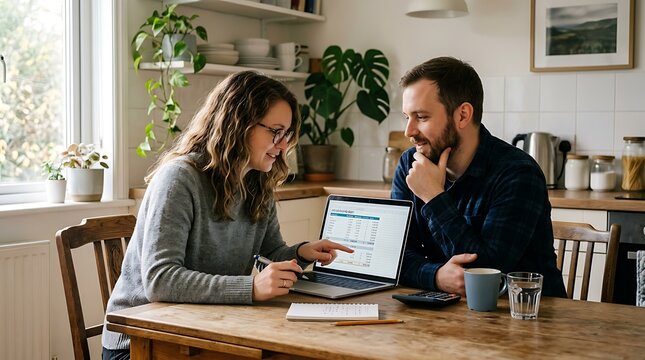 A young couple reviewing their household finances on a laptop at a wooden kitchen table with looking financial spreadsheet woman sit kitchen