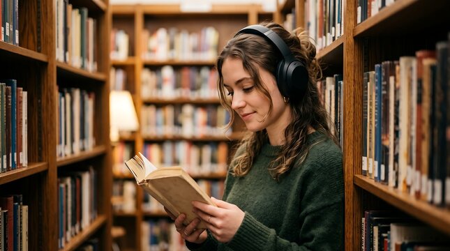 Young Woman Wearing Headphones Reading Book in Library