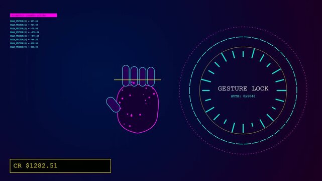A digital gesture banking interface screen shows neon pink hand outline icons pulsing within circular scanning rings atop deep blue virtual computer terminal display panels