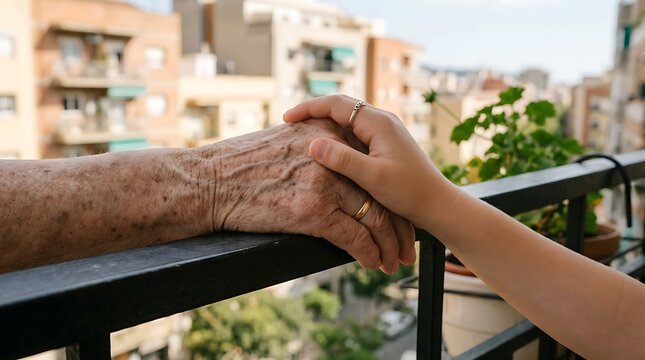 A young person holding the wrinkled hand of an elderly person on a balcony terrace with resting metal balcony older person while close view young