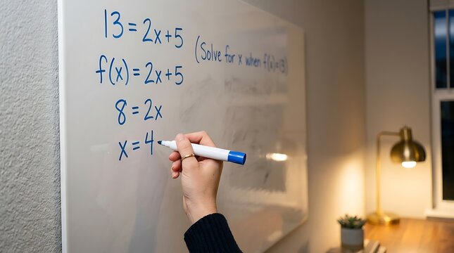 A hand writes a mathematical algebra equation on a white board in a home office with equation whiteboard mounted marker solve algebra person uses blue