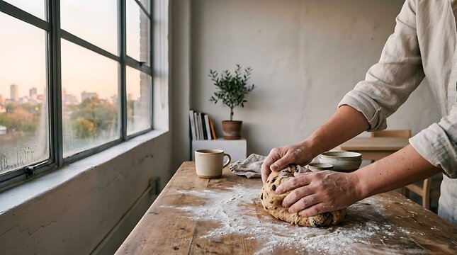 A person kneading bread dough on a rustic wooden table in a sunlit home kitchen with surface flour dusting dusting near large person shapes with preparation