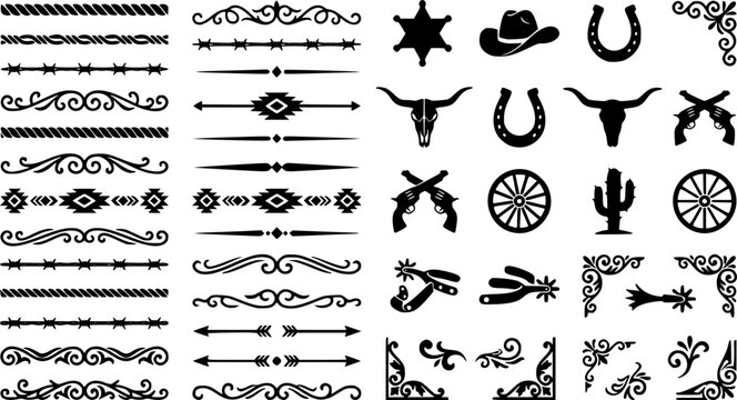 A large collection of old western design elements, embellishment, borders and divider lines.
