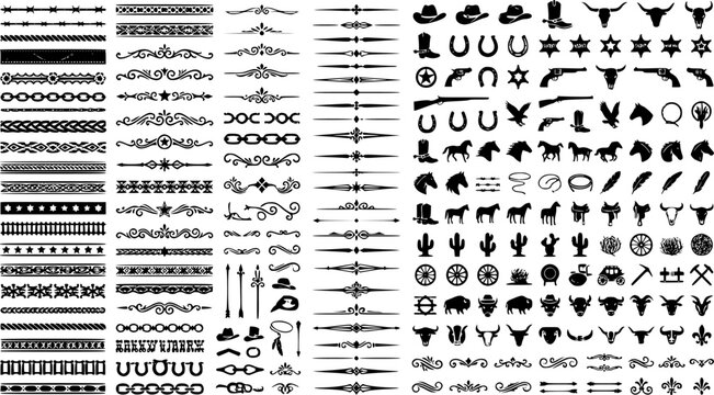 A large collection of old western design elements, embellishment, borders and divider lines.
