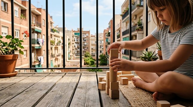 A young girl sits on a wooden balcony floor stacking small toy wooden blocks together with sunlit balcony overlooking overlooking city buildings
