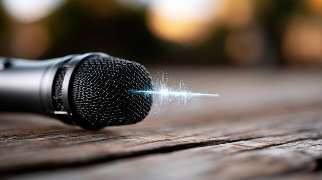 Dynamic audio signal visual emanating from a professional microphone resting on wooden surface during sunset background for music and voice recording concept