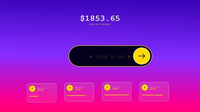 A smooth gesture banking interface displays changing financial digits as a yellow button slides across a vibrant purple gradient screen with soft modern ui elements