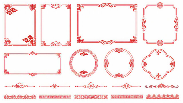 Set of decorative red chinese borders with traditional floral patterns vector illustration