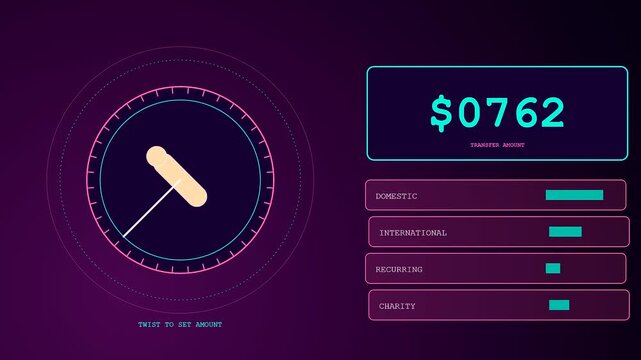 A digital gesture banking interface rotates on a circular gauge display showing changing transaction values with neon teal and purple light in motion sequence