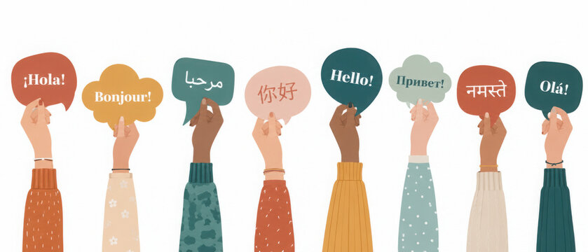 Many arms raised of diverse and multi-ethnic people holding speech bubbles with text -hallo- in various international languages. Diversity people.Racial equality.Sharing and collaboration