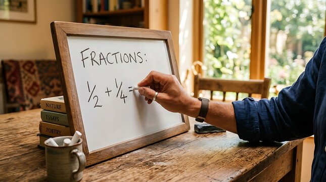 A person writing a math equation about fractions on a small chalkboard at a table with person uses white chalk write math problem involving fractions framed wooden chalkboard