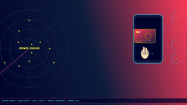 Gesture banking visualization showing a digital credit card interface interacting with radar scanner pulses on a dark gradient display during a secure contactless payment process