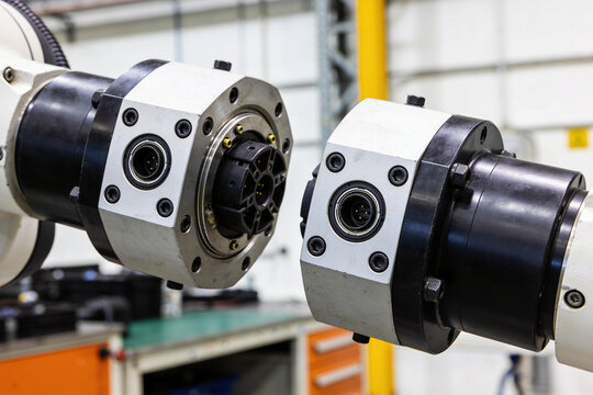 Robotic tool changer coupling halves separated showing mating faces