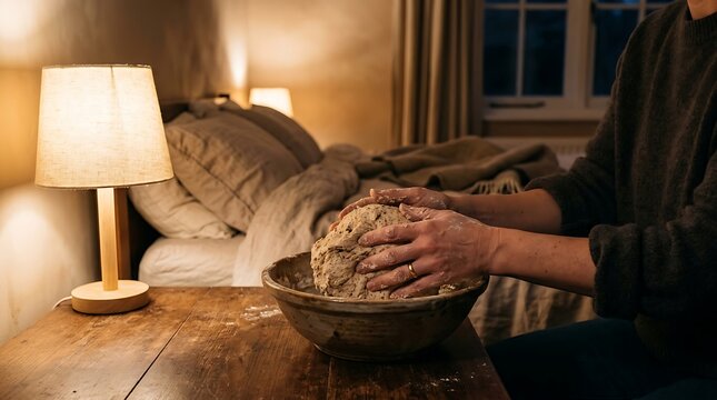 Person kneading raw bread dough in a rustic ceramic bowl on a wooden bedroom table with person kneads ball dimly lit bedroom ingredient preparing