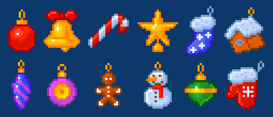 Naklejka premium Christmas Ornament Set Pixel Art