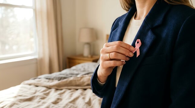 A woman wearing a dark blue blazer pins a small pink ribbon to her lapel indoors with attaches pink awareness while standing bedroom wearing navy
