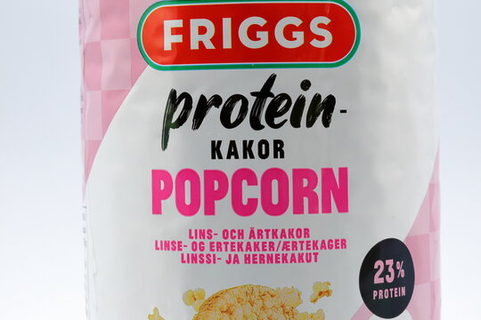 Protein cookies. Healty snack, low carbs. From Friggs. Swedish text. Popcorn taste.
