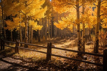 Naklejka premium Golden aspen trees with yellow leaves grow near rustic wooden fence in autumn forest. Sunlight filters through fall foliage on forest floor. Peaceful woodland landscape with birch trunks, orange