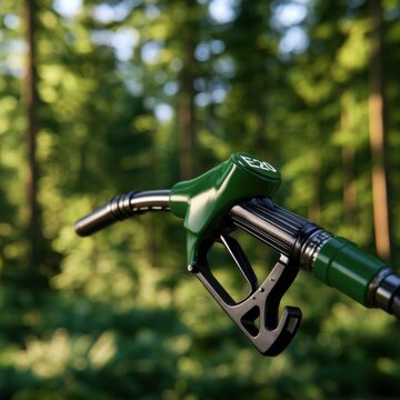 Green fuel pump nozzle labeled with biofuel indicator e20 blending modern technology with environmental awareness in a forested natural setting