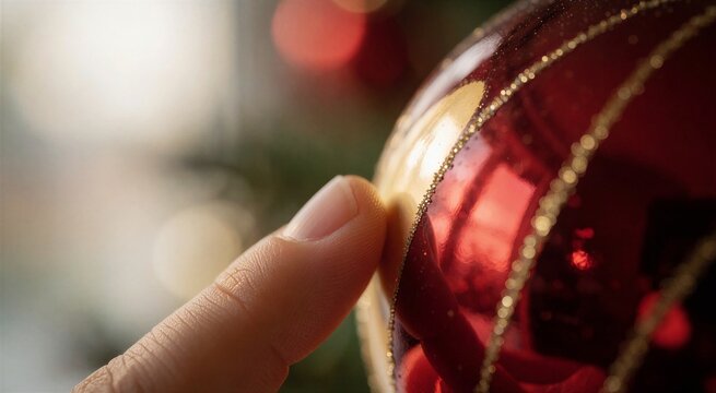 Close-up of a finger touching a shiny red and gold Christmas ornament, suggesting two people hanging decorations.
