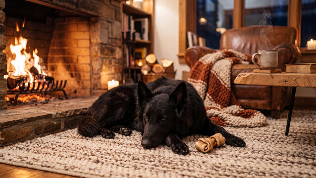Two pastor belga dogs resting on a rug by a warm crackling fireplace