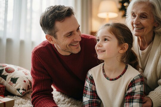 Family of three sharing a warm moment while decorating the living room, featuring a father, daughter, and grandmother.