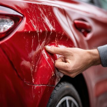 Man inspecting deep damage and scratches on a red vehicle's dented side panel near the rear wheel in natural light outdoors