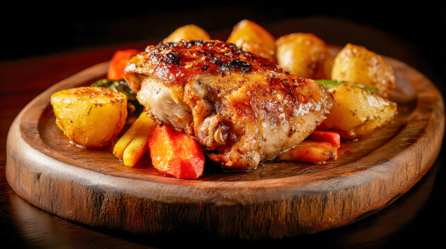 Delicious roasted chicken thigh served on a wooden plate with seasoned baby potatoes and colorful roasted vegetables in a cozy dining setting