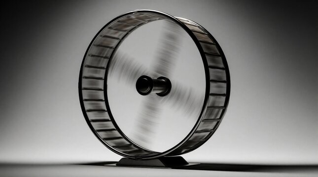 Spinning hamster wheel rotates fast on grey background. Motion blur shows endless cycle of movement. Concept of repetitive task, stamina, fatalism. Minimalist illustration of mechanical wheel in