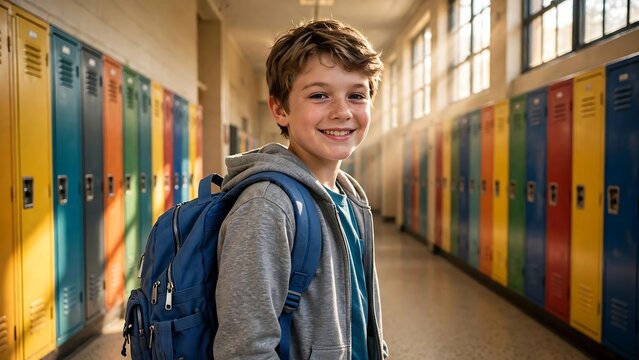 Smiling Young Schoolboy Carrying Backpack in School Hallway