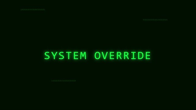 System override digital text display with binary code animation 4k background, for cyber security, and hacking concepts