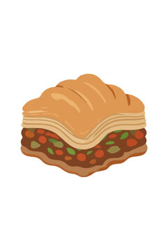 Hand-drawn vector illustration of stacked baklava pastry with flaky golden phyllo layers and nut filling, isolated flat cartoon dessert icon for bakery and culinary design