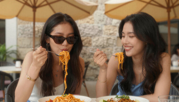 Women Enjoying Pasta Under Umbrellas