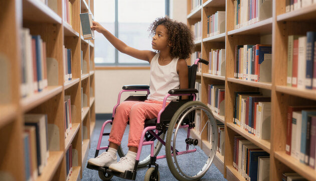 Girl in Wheelchair Browsing Library