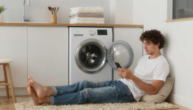 Guy Scrolling Phone Near Running Dryer