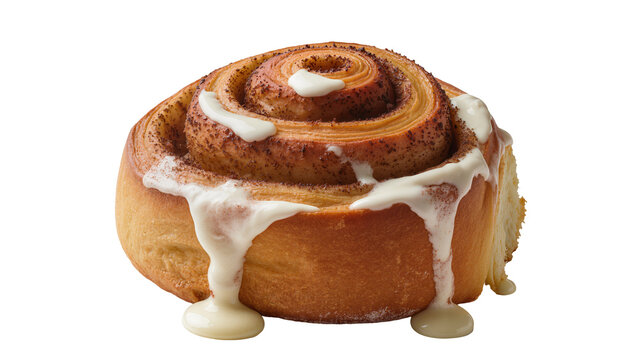 Golden brown cinnamon roll with dripping cream cheese frosting, isolated on transparent background