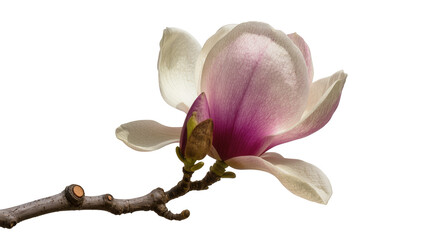 Delicate pink and white magnolia flower bud on a branch, isolated on transparent background © Corotaev